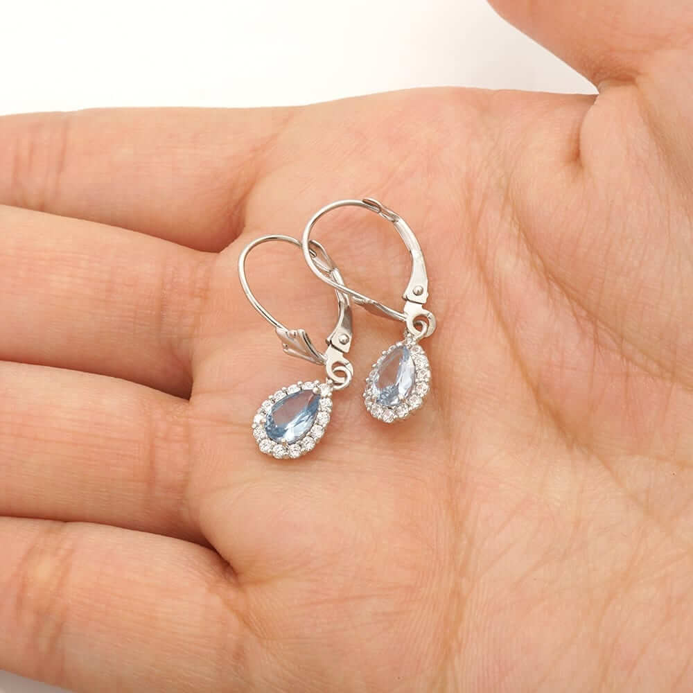 14K Gold Birthstone Halo Teardrop Leverback Earrings