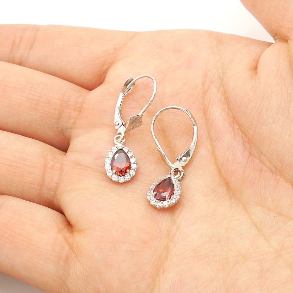 14K Gold Simulated Birthstone Halo Teardrop Leverback Earrings