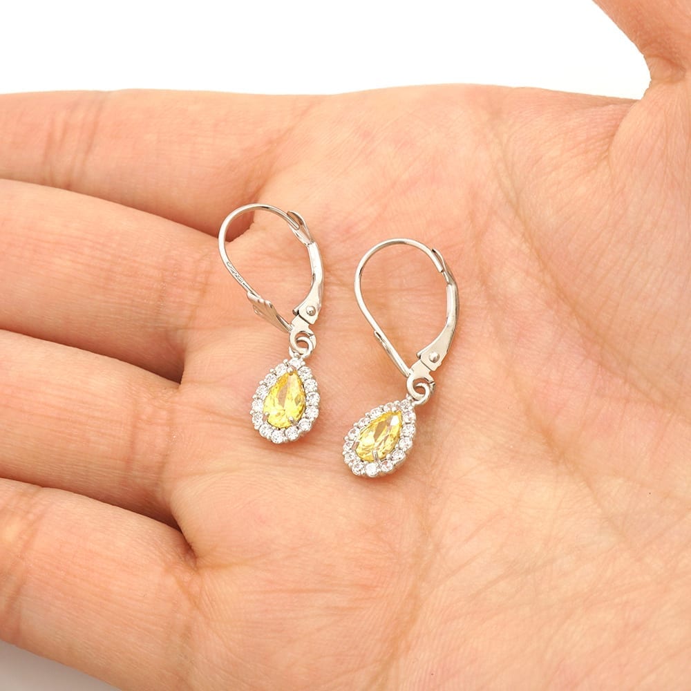 14K Gold Simulated Birthstone Halo Teardrop Leverback Earrings
