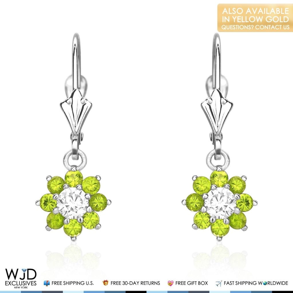 1Ct CZ Birthstone 14K White Gold Flower Dangle Leverback Earrings