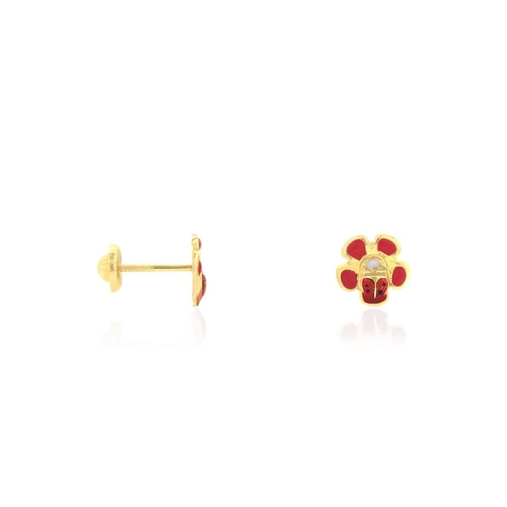 14k Yellow Gold Enamel Ladybug & Flower Screw Back Stud Kid Earrings