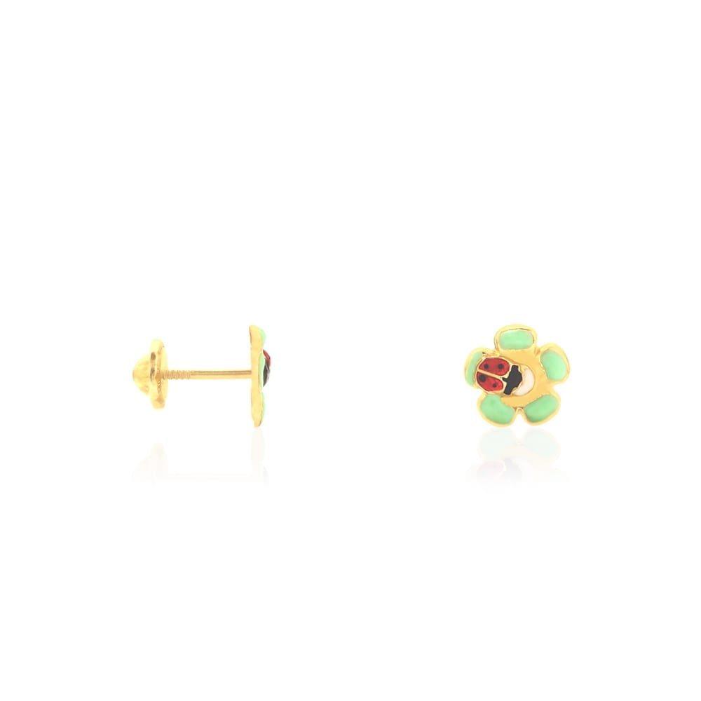 14k Yellow Gold Enamel Ladybug & Flower Screw Back Stud Kid Earrings