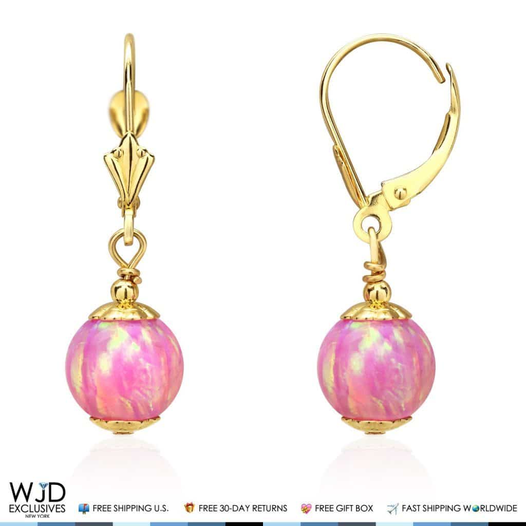 14K Solid Yellow Gold Pink Fire Opal Ball Leverback Dangle Earrings