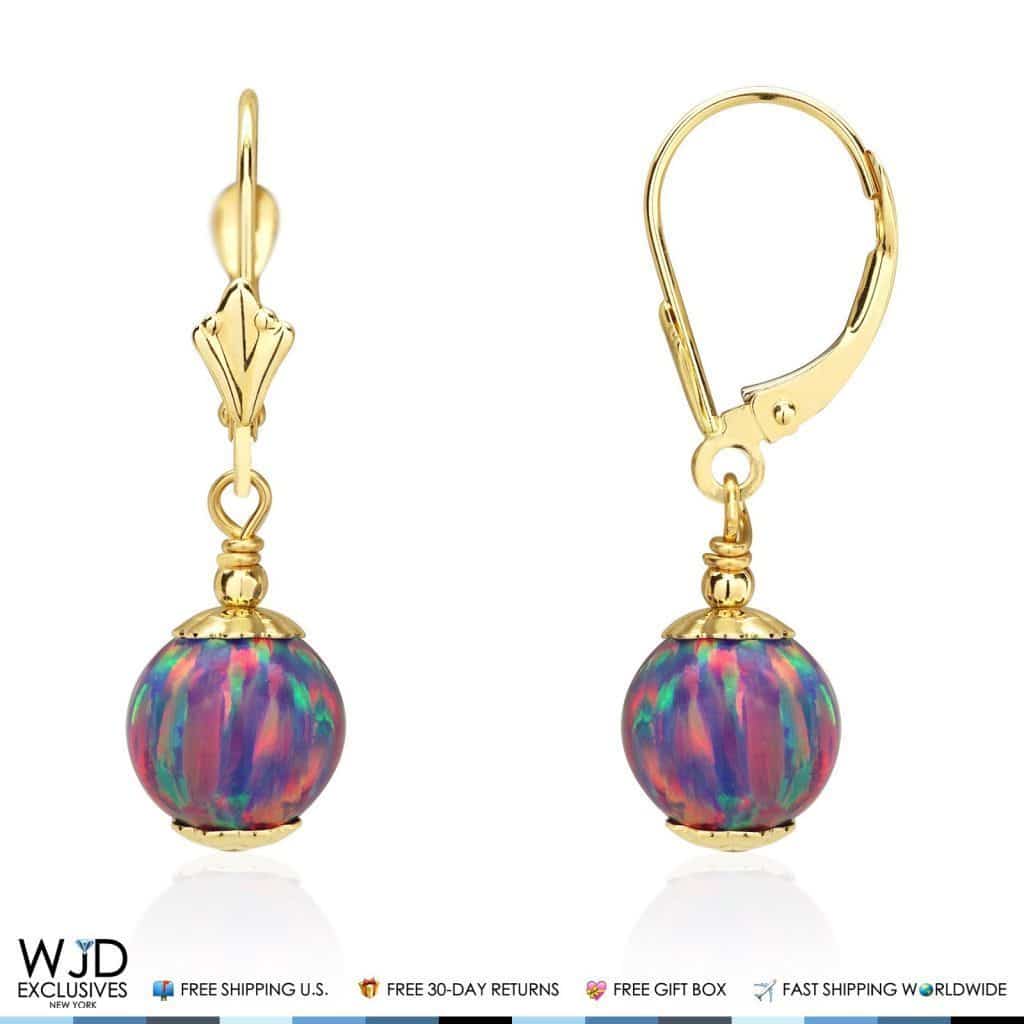 14K Solid Yellow Gold Purple Fire Opal Ball Leverback Dangle Earrings