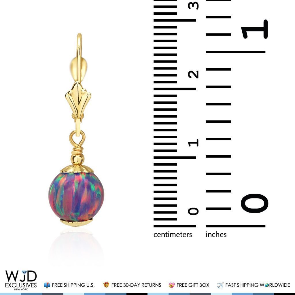 14K Solid Yellow Gold Purple Fire Opal Ball Leverback Dangle Earrings