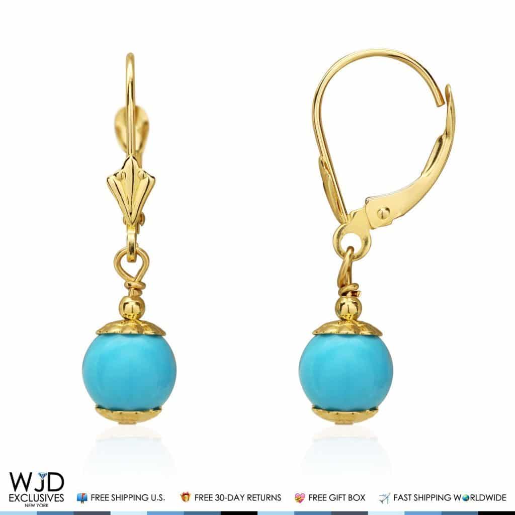 14K Solid Yellow Gold Turquoise Ball Leverback Dangle Earrings 7mm