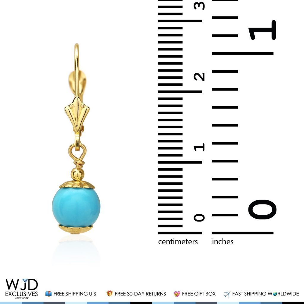 14K Solid Yellow Gold Turquoise Ball Leverback Dangle Earrings 7mm