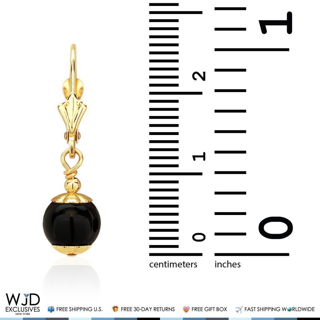 14K Solid Yellow Gold Onyx Ball Leverback Dangle Earrings 7mm