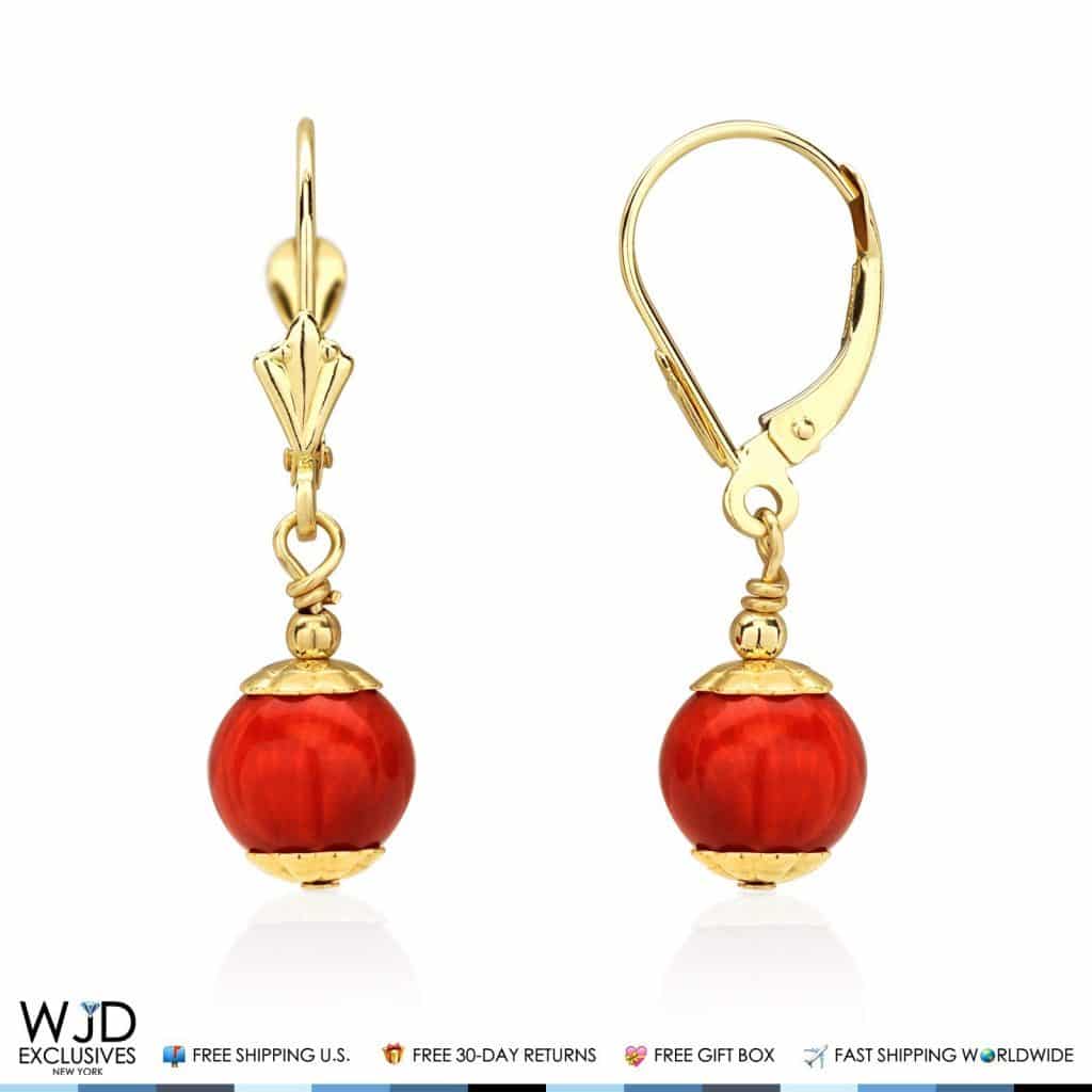 14K Solid Yellow Gold Red Coral Ball Leverback Dangle Earrings 7mm