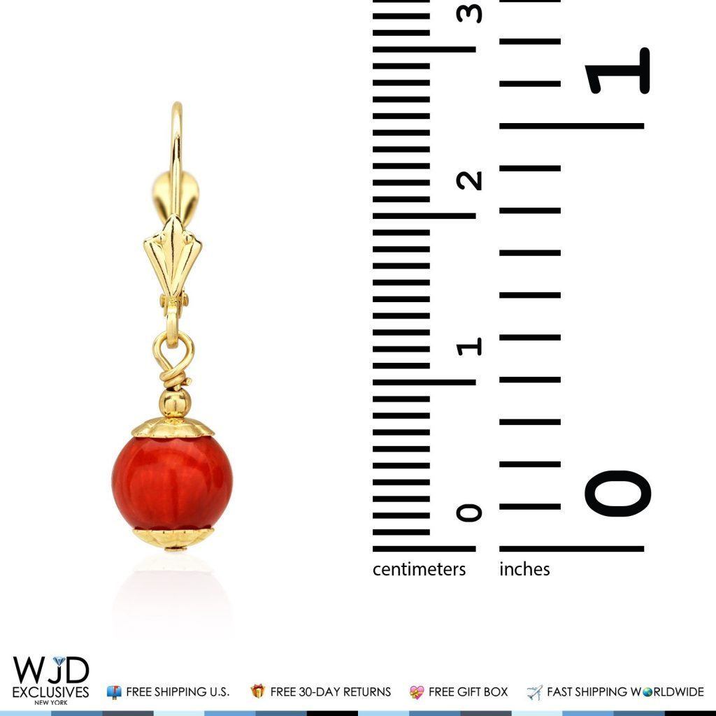 14K Solid Yellow Gold Red Coral Ball Leverback Dangle Earrings 7mm