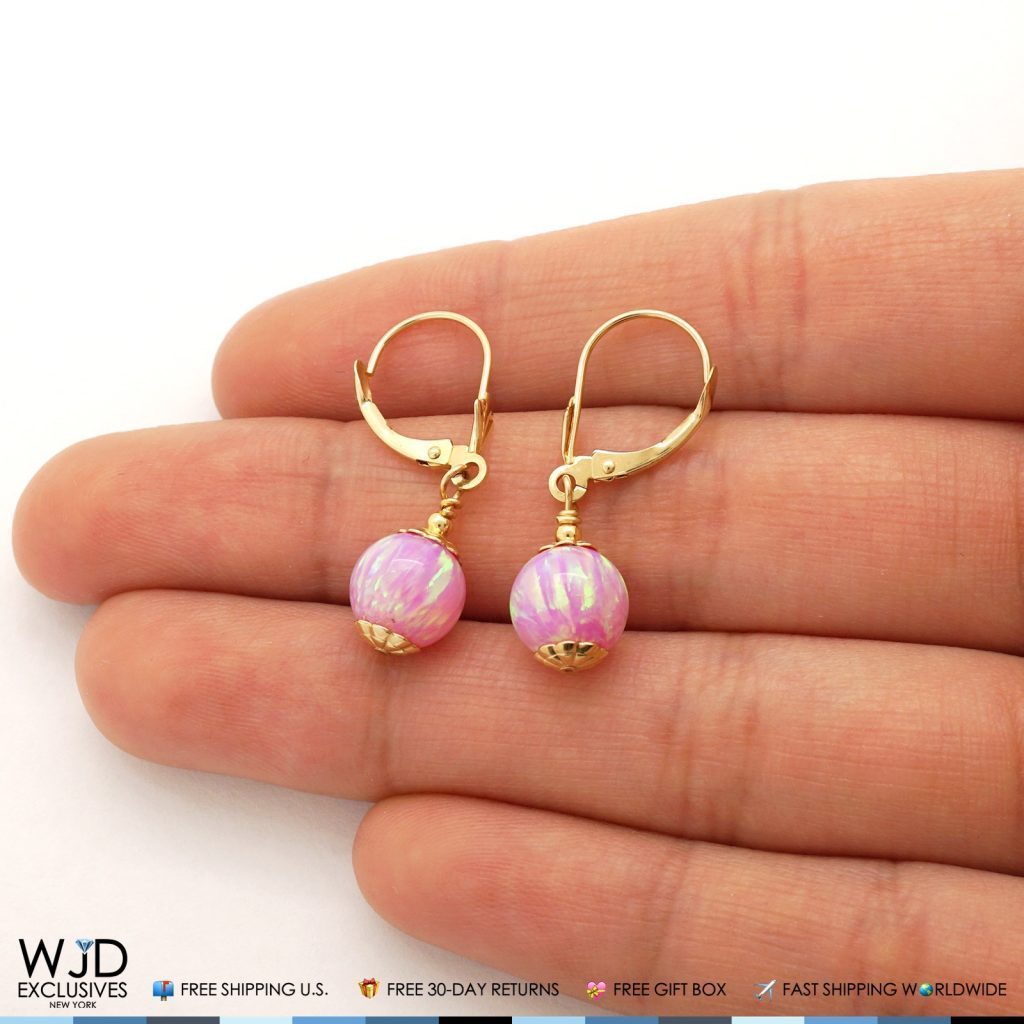 14K Solid Yellow Gold Pink Fire Opal Ball Leverback Dangle Earrings