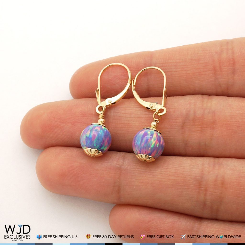 14K Solid Yellow Gold Purple Fire Opal Ball Leverback Dangle Earrings