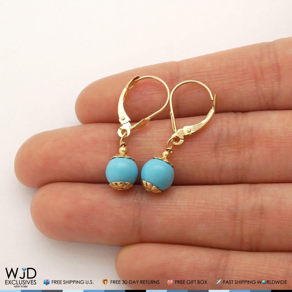 14K Solid Yellow Gold Turquoise Ball Leverback Dangle Earrings 7mm