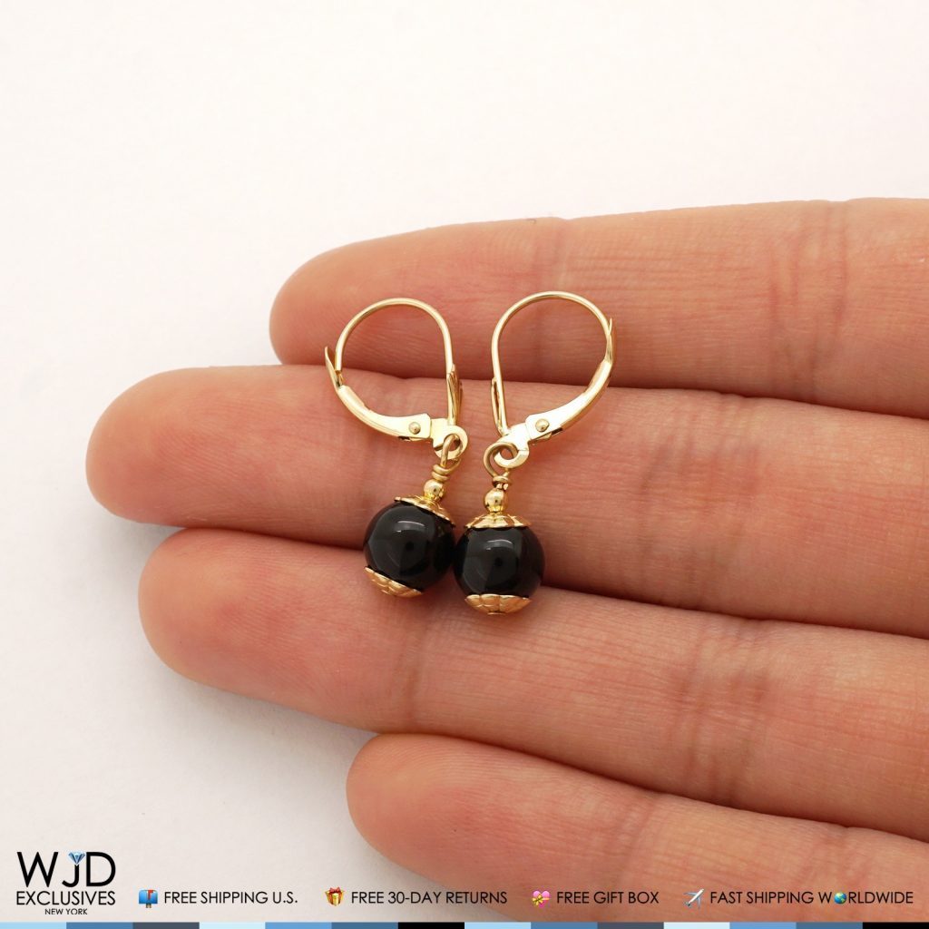 14K Solid Yellow Gold Onyx Ball Leverback Dangle Earrings 7mm