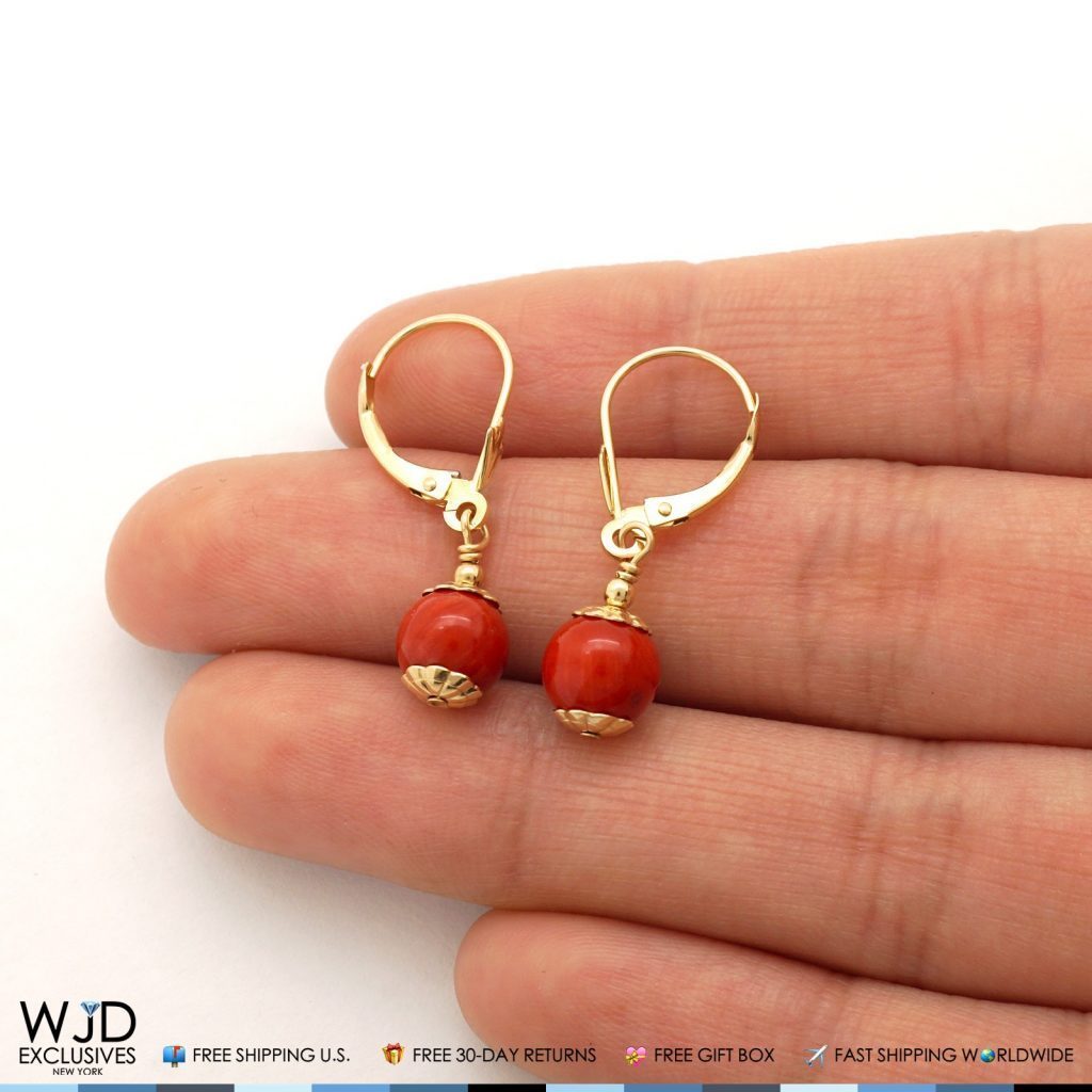 14K Solid Yellow Gold Red Coral Ball Leverback Dangle Earrings 7mm
