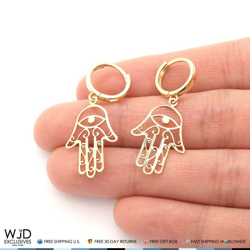 14K Solid Yellow Gold Filigree Hamsa Hand Huggie Hoop Dangle Earrings