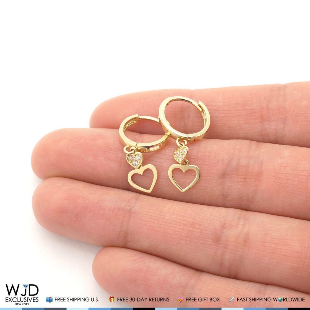 14K Yellow Gold CZ Huggie Hoop Double Open Heart Dangle Earrings