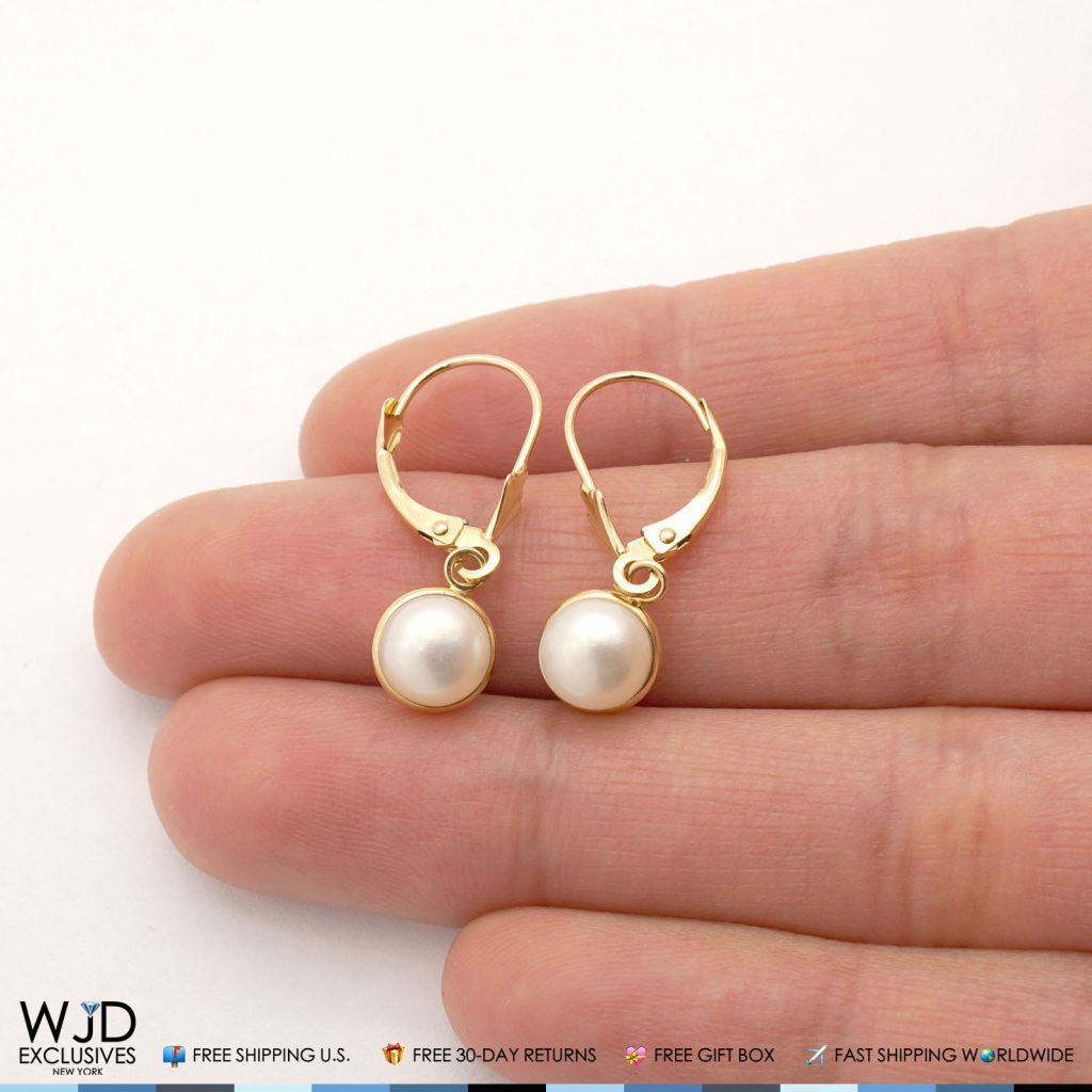 14K Solid Yellow Gold Bezel Set White Pearl Leverback Dangle Earrings 7mm