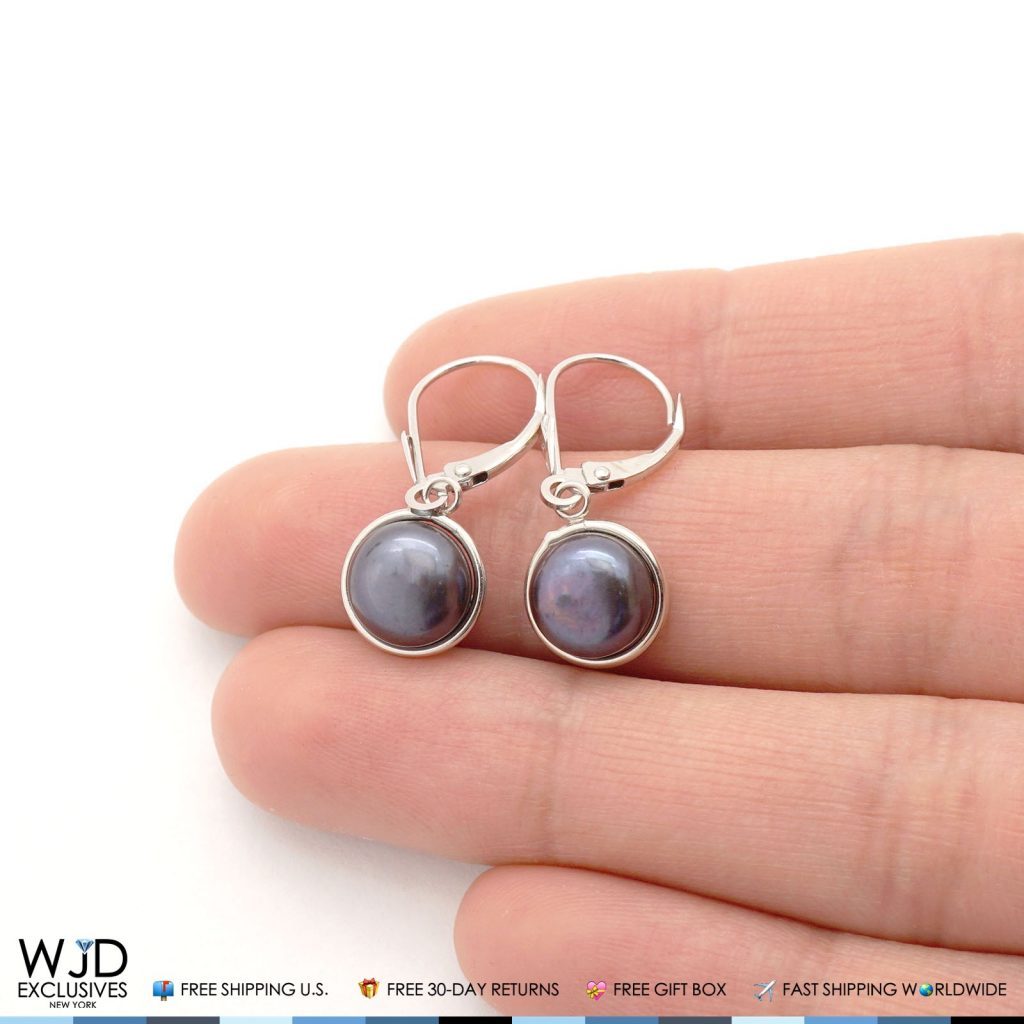 14K White Gold Bezel Set Black Pearl Dangle Leverback Earrings 10mm