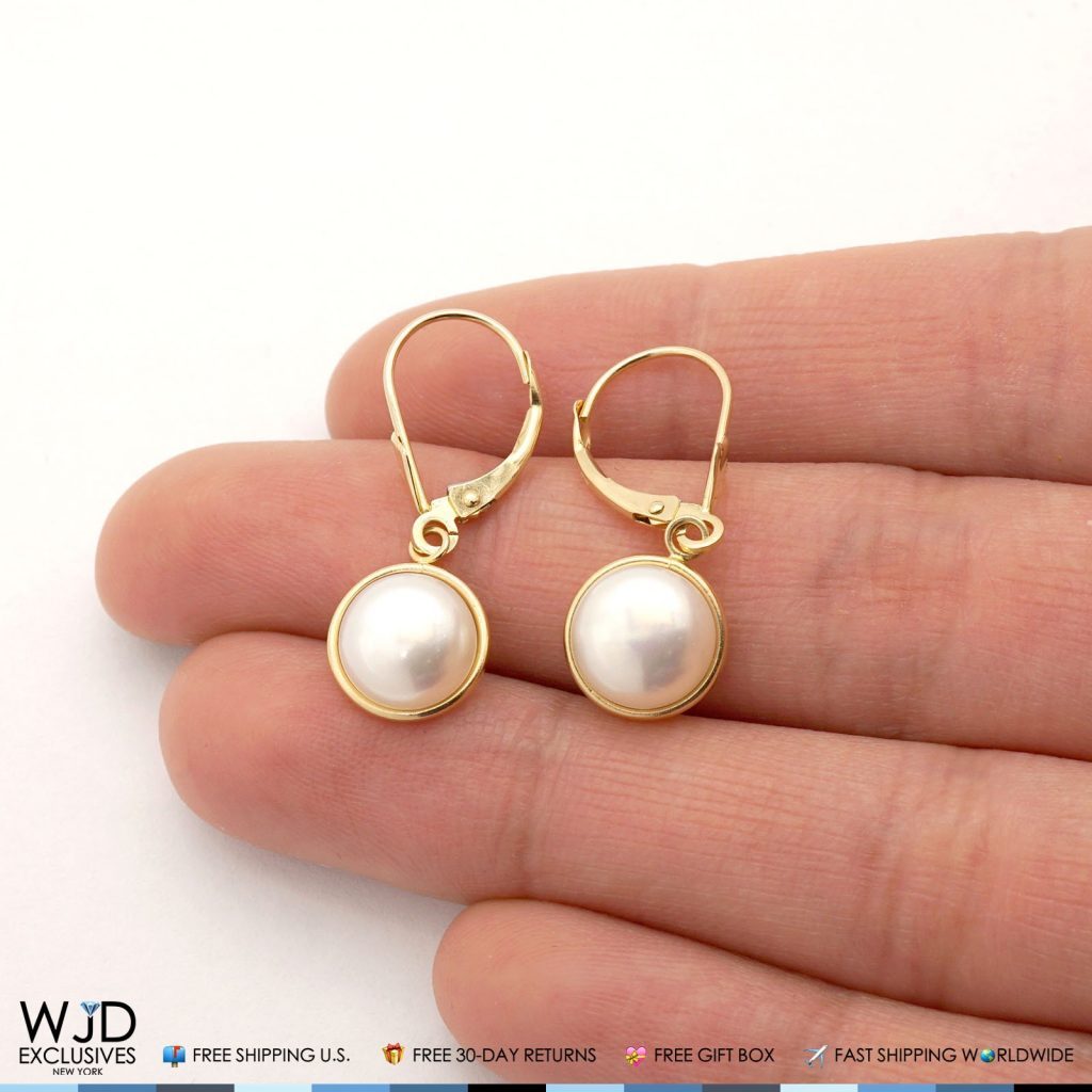 14K Yellow Gold Bezel Set White Pearl Leverback Dangle Earrings 10mm