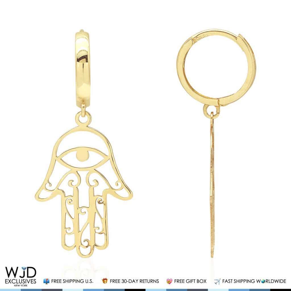 14K Solid Yellow Gold Filigree Hamsa Hand Huggie Hoop Dangle Earrings