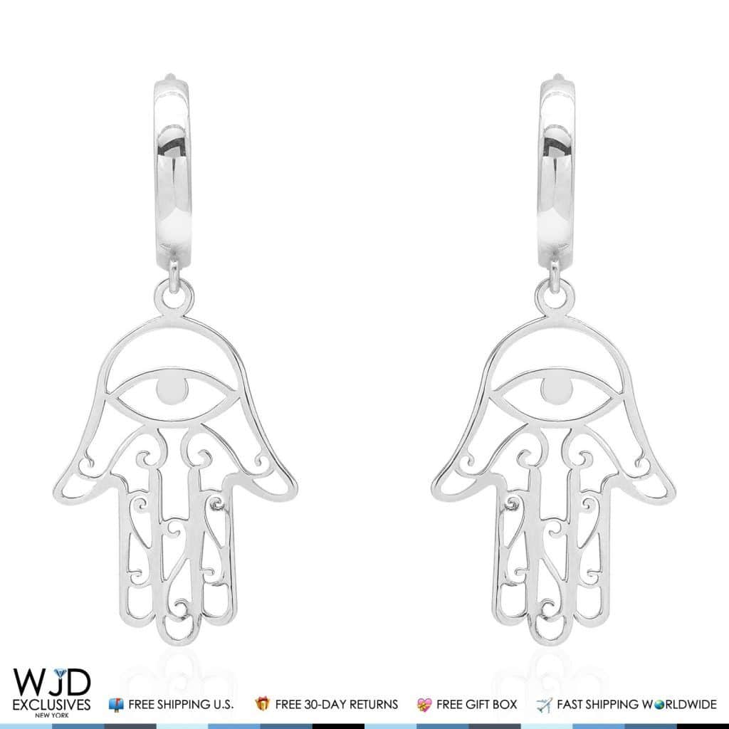 14K Solid White Gold Filigree Hamsa Hand Huggie Hoop Dangle Earrings