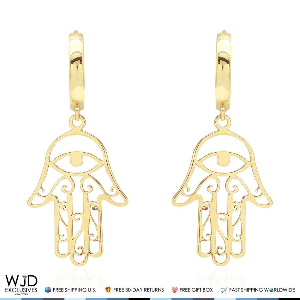 14K Solid Yellow Gold Filigree Hamsa Hand Huggie Hoop Dangle Earrings