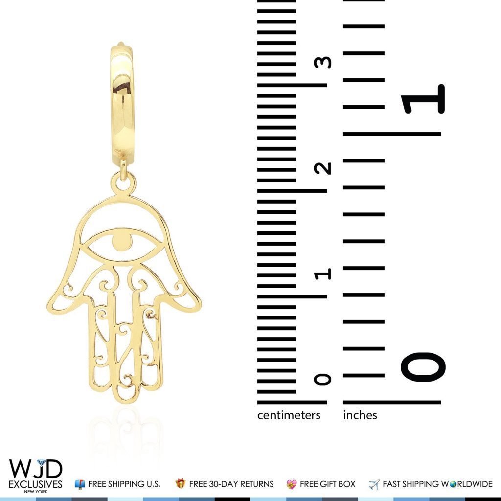14K Solid Yellow Gold Filigree Hamsa Hand Huggie Hoop Dangle Earrings