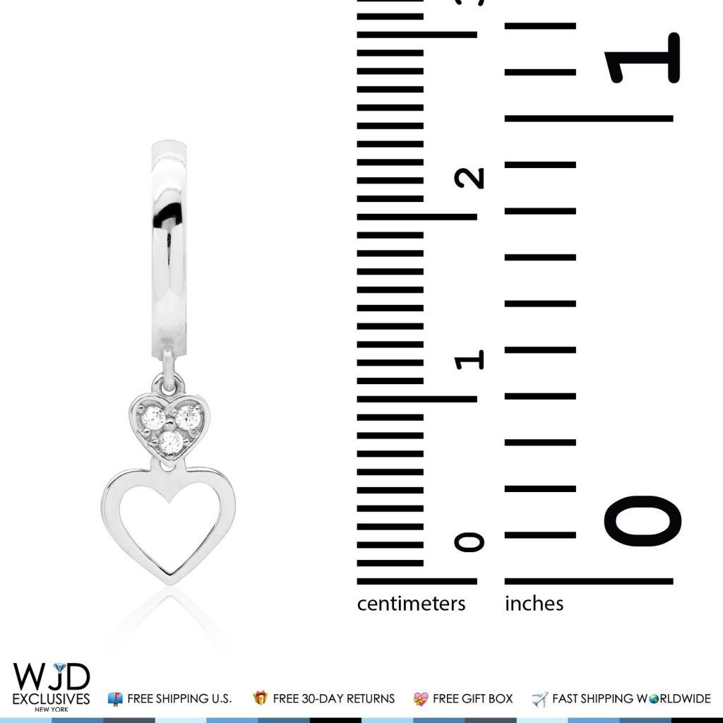 14K White Gold CZ Huggie Hoop Double Open Heart Dangle Earrings