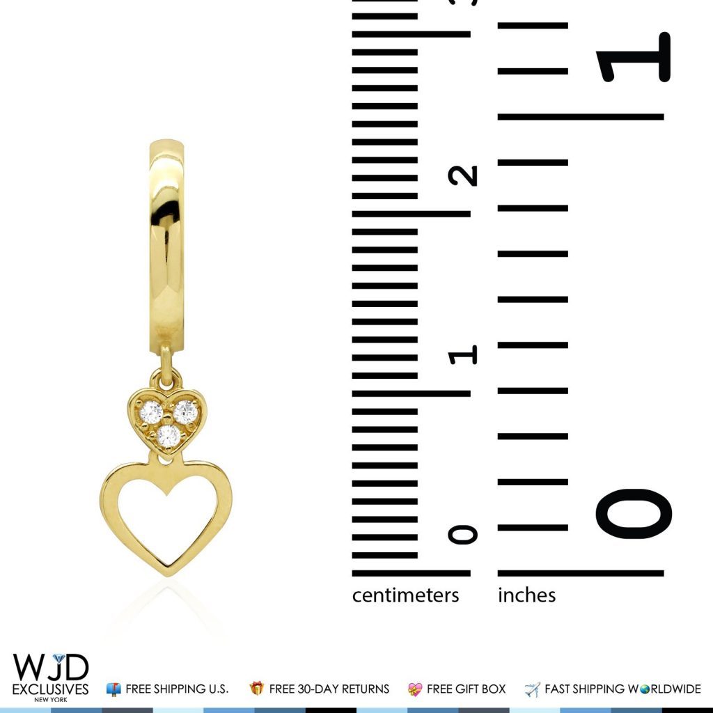 14K Yellow Gold CZ Huggie Hoop Double Open Heart Dangle Earrings