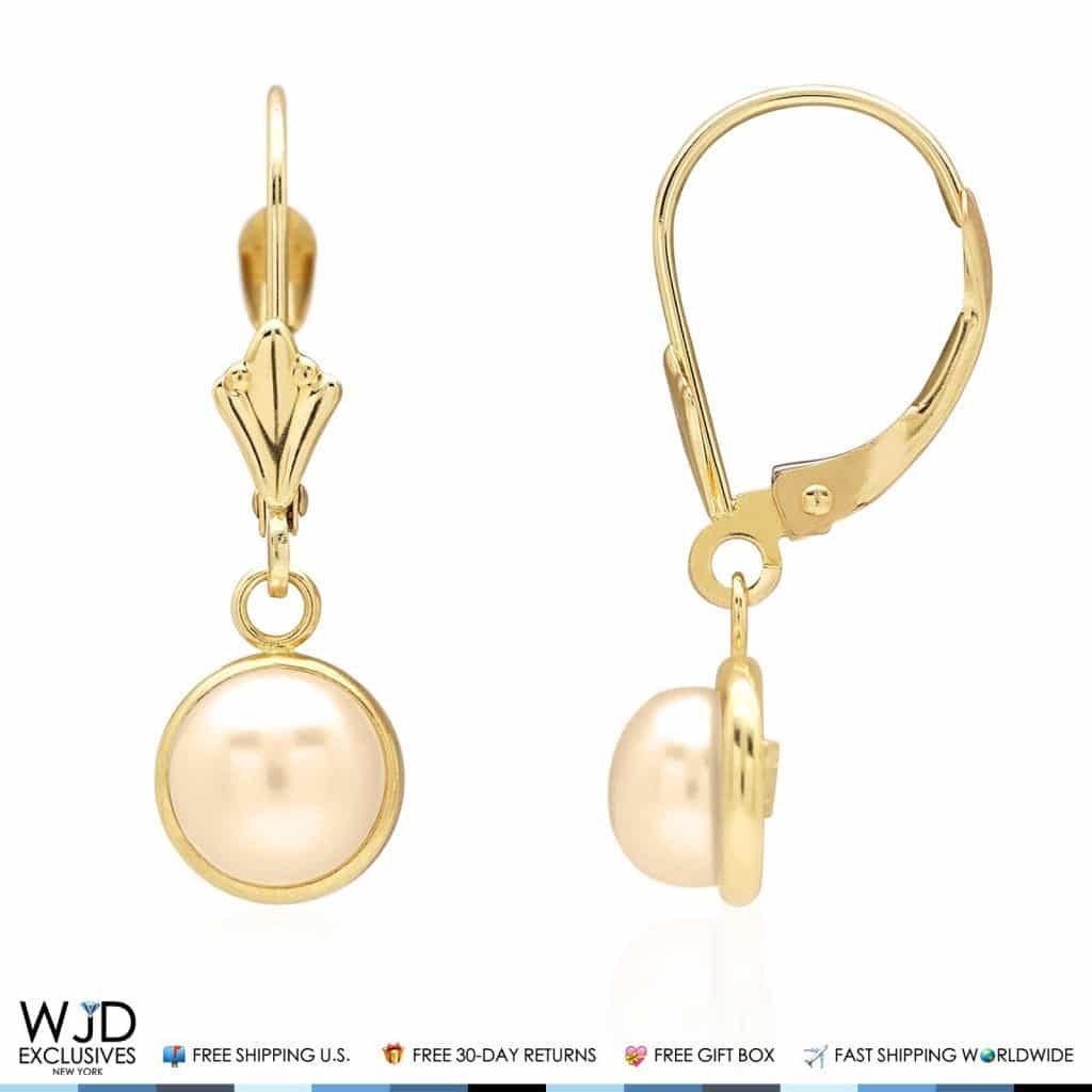 14K Solid Yellow Gold Bezel Set White Pearl Leverback Dangle Earrings 7mm