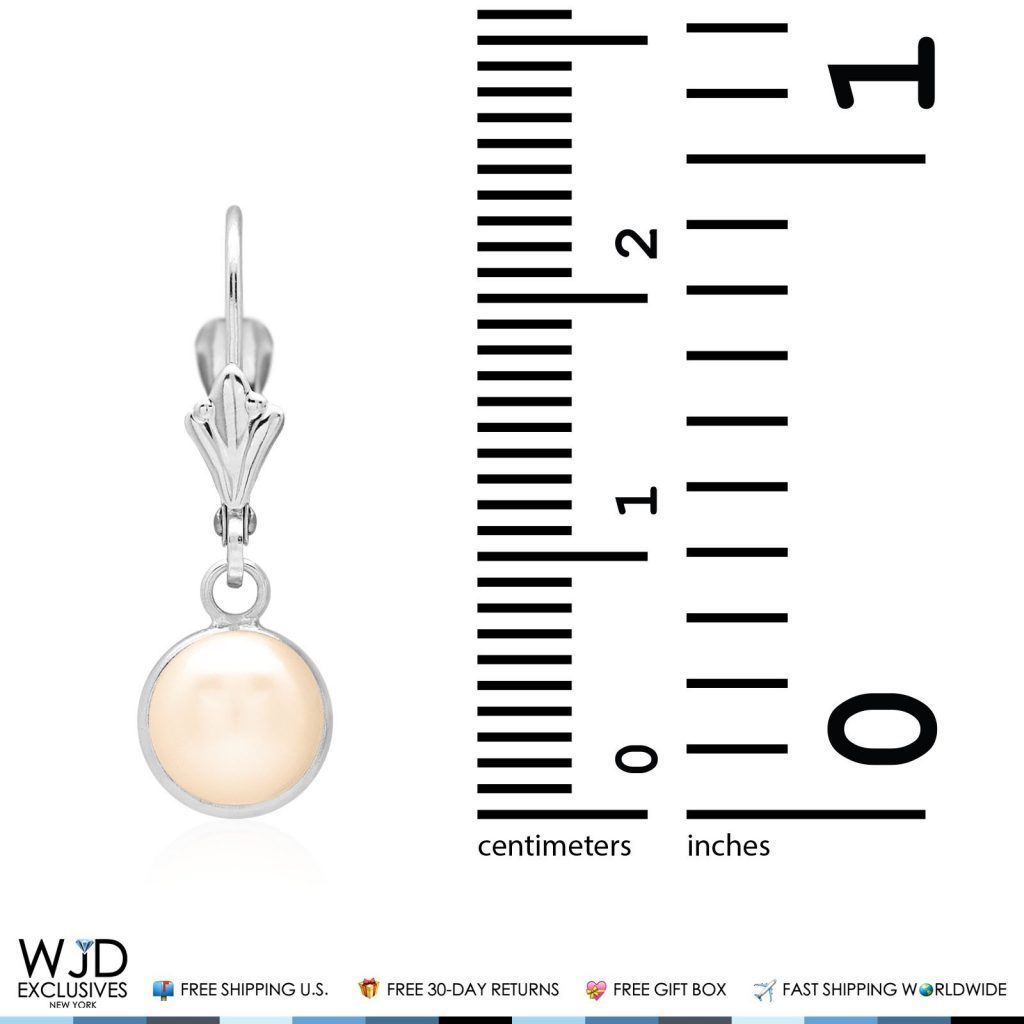14K White Gold Bezel Set White Pearl Leverback Dangle Earrings 7mm