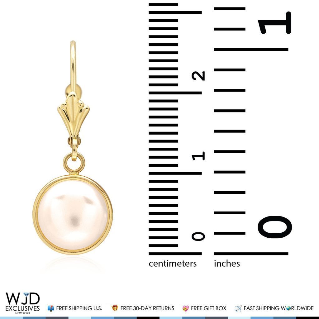 14K Yellow Gold Bezel Set White Pearl Leverback Dangle Earrings 10mm
