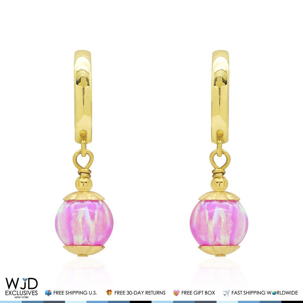 14K Yellow Gold 7mm Pink Fire Opal Ball Huggie Hoop Dangle Earrings