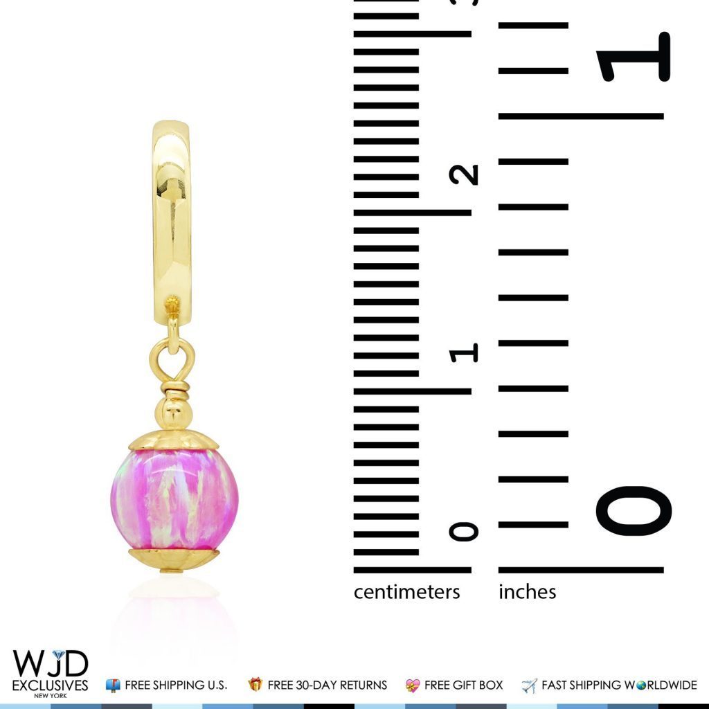 14K Yellow Gold 7mm Pink Fire Opal Ball Huggie Hoop Dangle Earrings