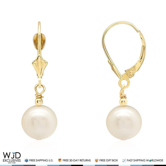 14K Yellow Gold Freshwater Pearl Dangle Leverback Earrings 9mm
