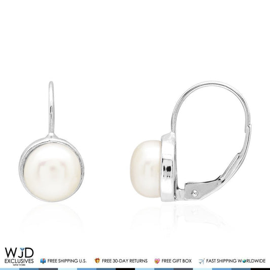 14K White Gold Freshwater Pearl Bezel Set Leverback Earrings