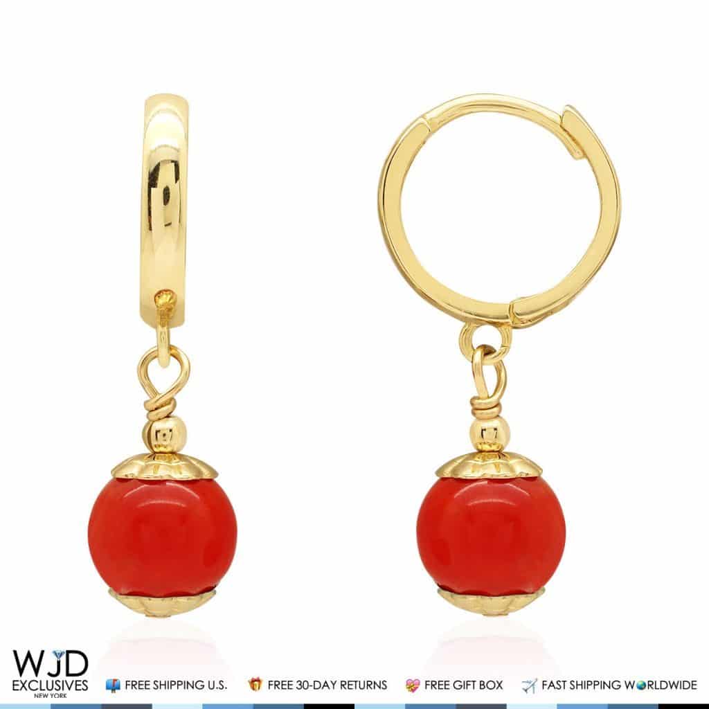 14K Solid Yellow Gold Red Coral Ball Huggie Hoop Dangle Earrings 7mm