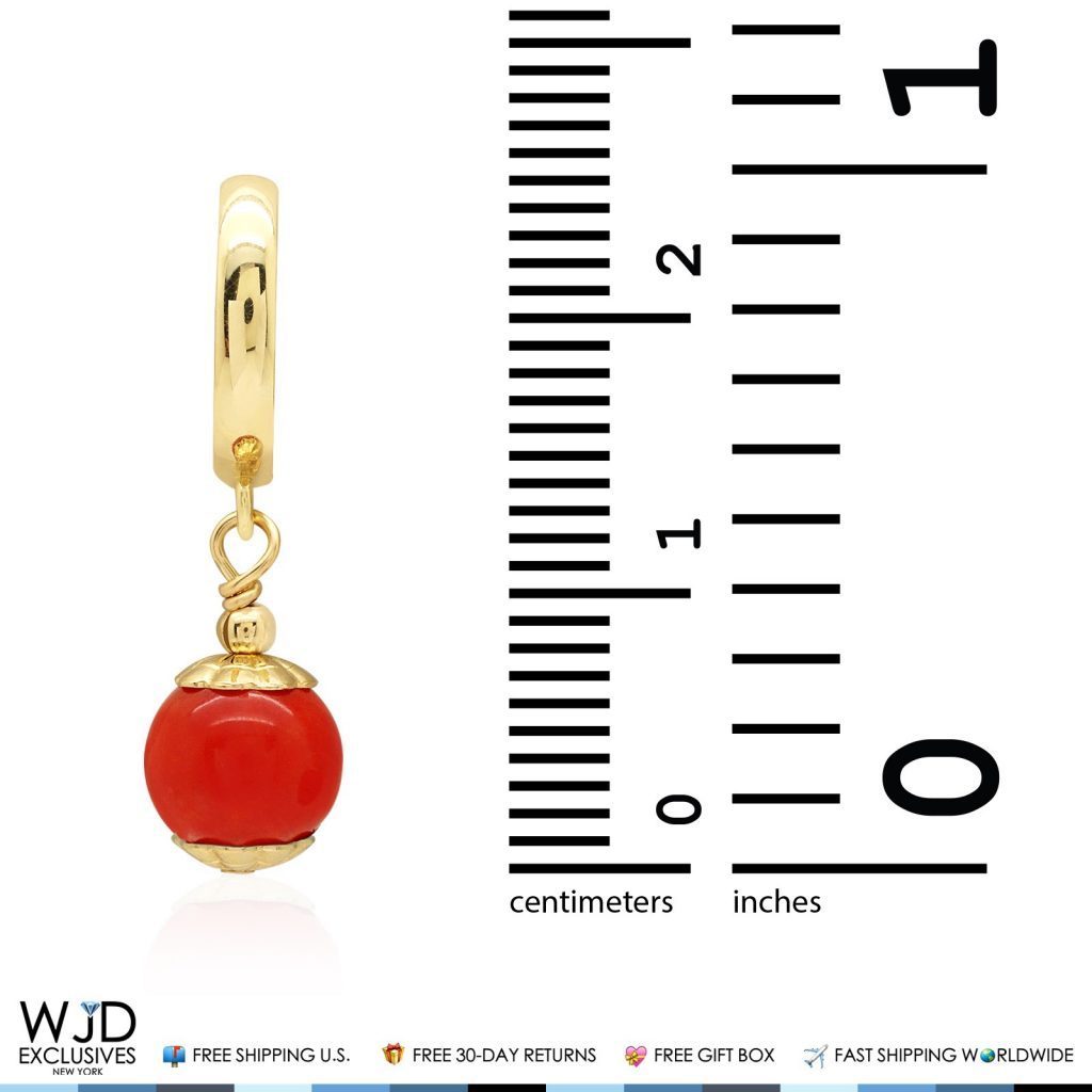 14K Solid Yellow Gold Red Coral Ball Huggie Hoop Dangle Earrings 7mm