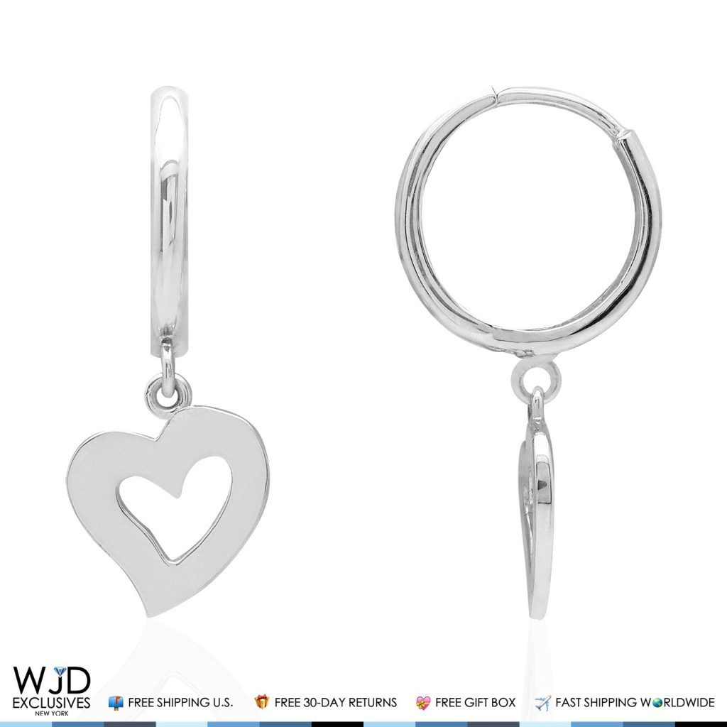 14k Solid White Gold Huggie Hoop Open Heart Dangle Drop Earrings