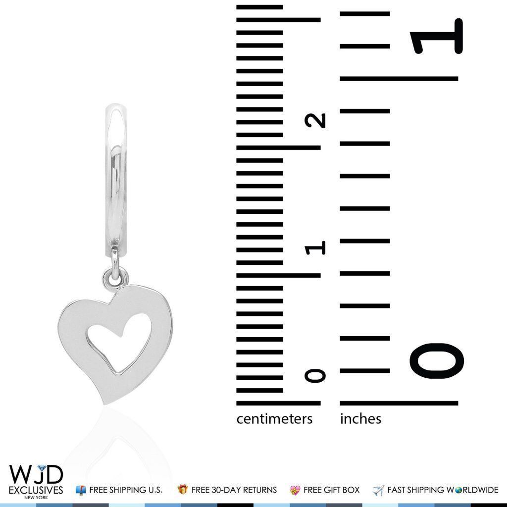 14k Solid White Gold Huggie Hoop Open Heart Dangle Drop Earrings