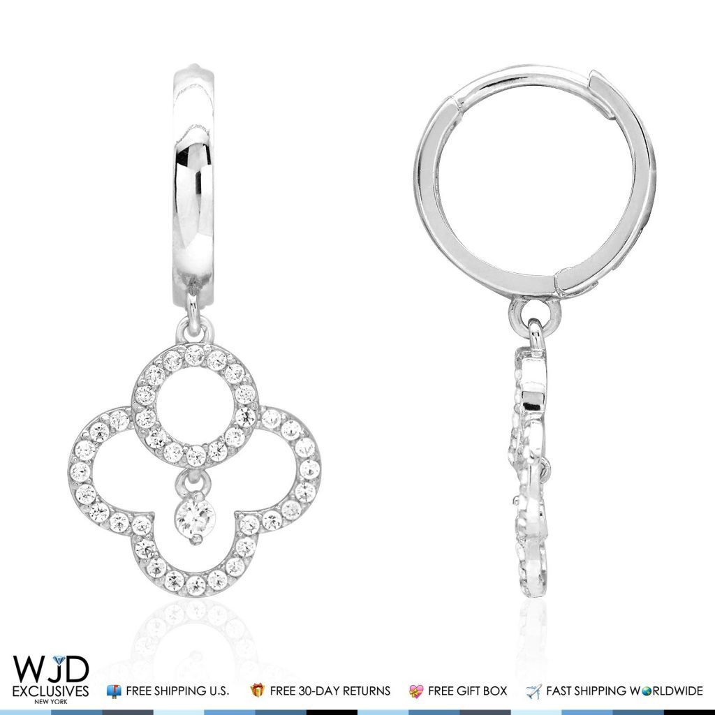 14k White Gold 2.25CTW CZ Quatrefoil Dangle Huggie Hoop Earrings