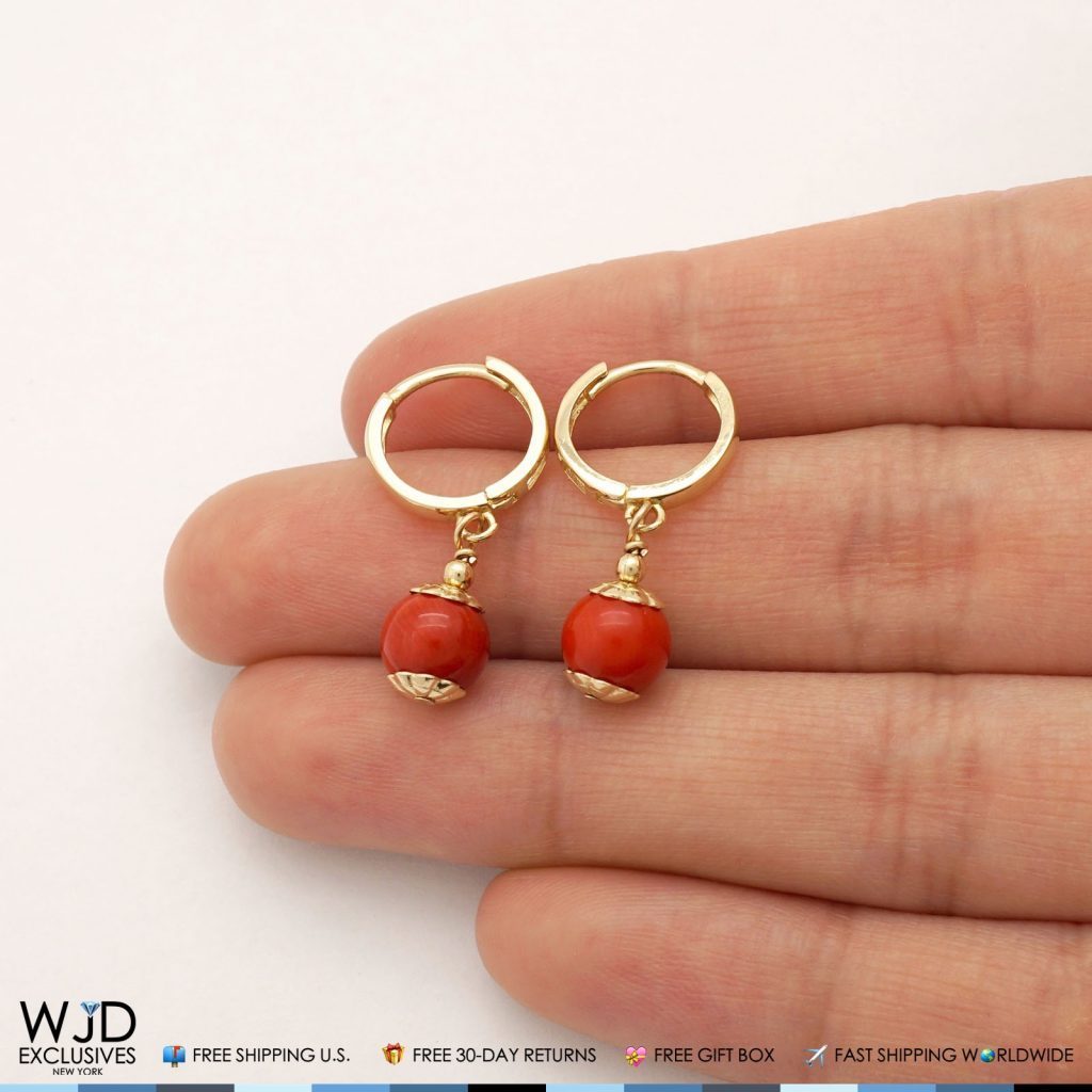 14K Solid Yellow Gold Red Coral Ball Huggie Hoop Dangle Earrings 7mm