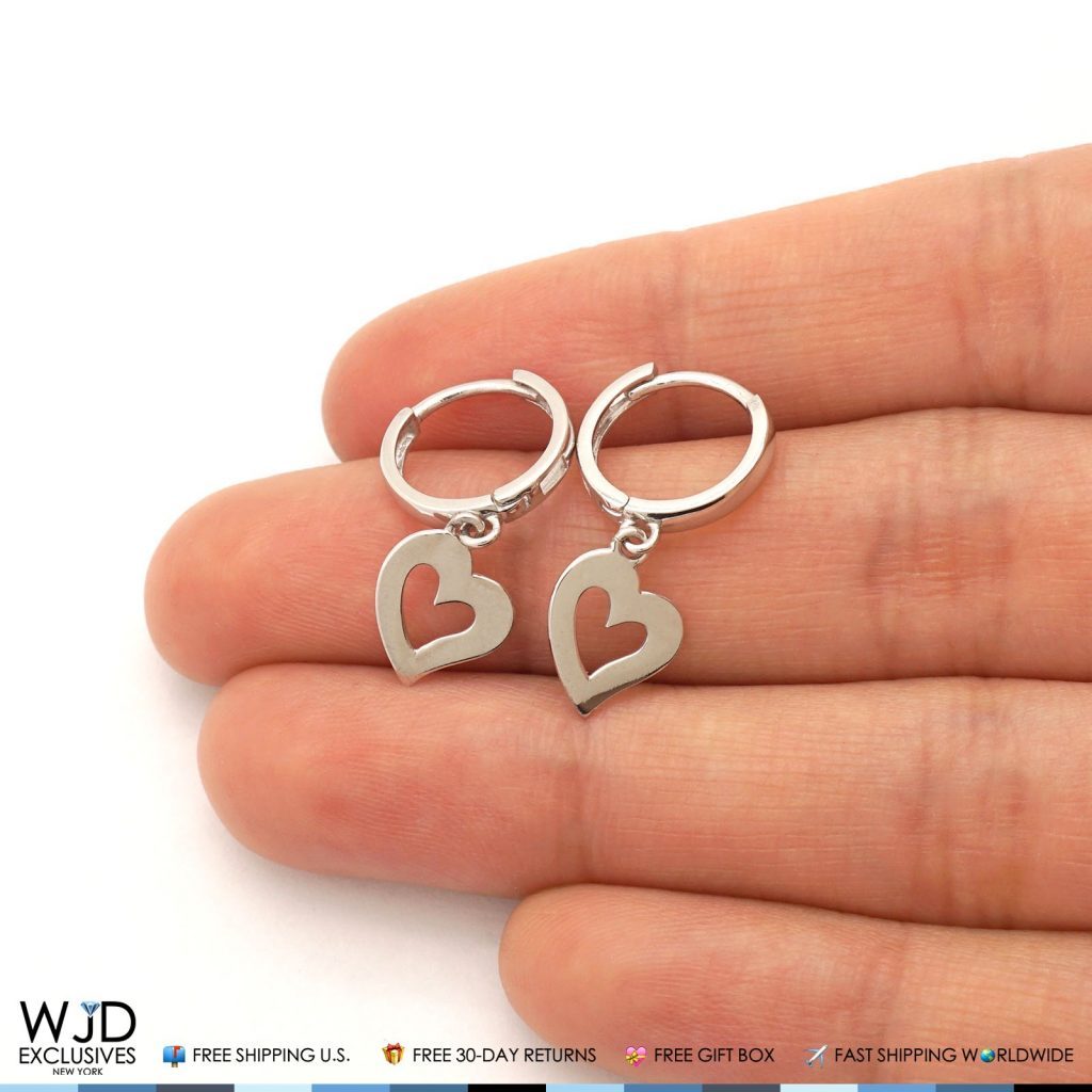 14k Solid White Gold Huggie Hoop Open Heart Dangle Drop Earrings