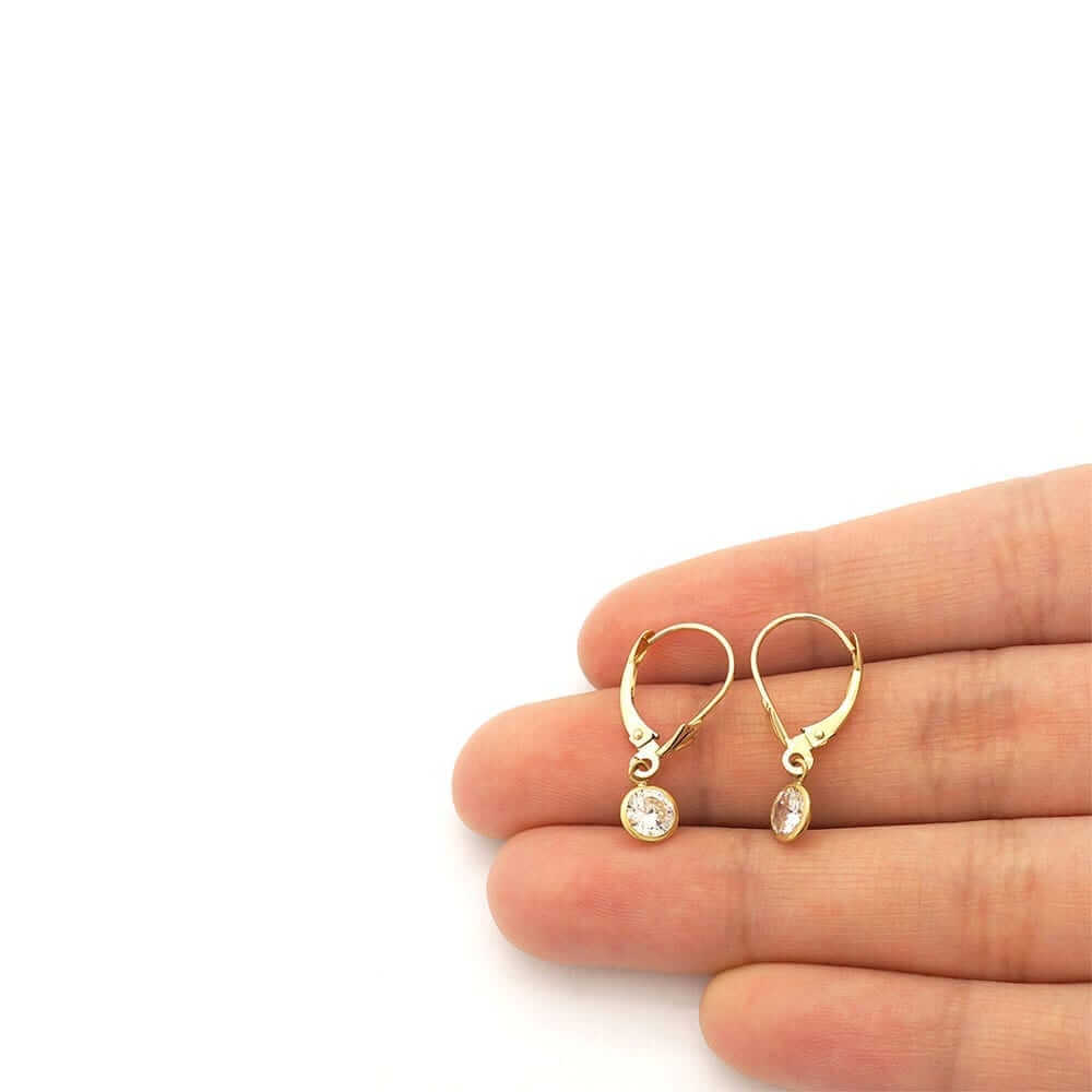 14k Yellow Gold Round Bezel Birthstone Drop Leverback Earrings