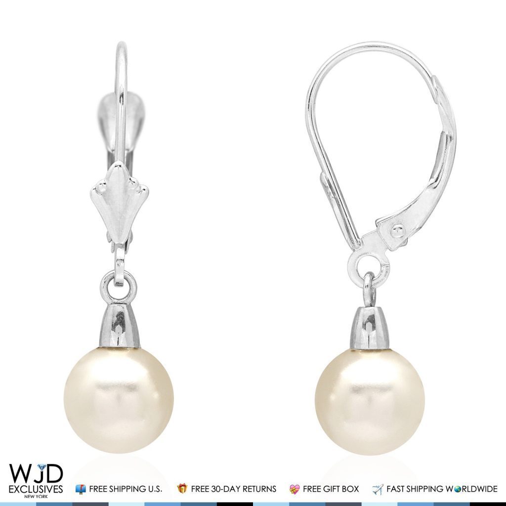 14k Solid White Gold Freshwater Pearl Dangle Leverback Earrings 7mm