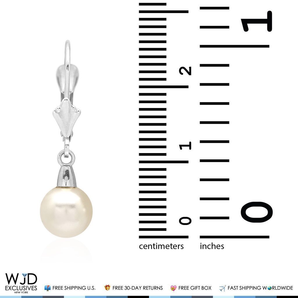 14k Solid White Gold Freshwater Pearl Dangle Leverback Earrings 7mm