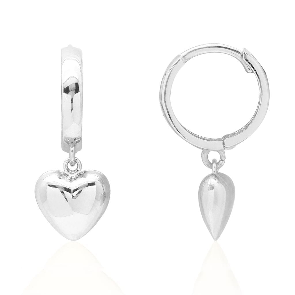 14k Yellow Gold White Gold Heart Drop Huggie Hoop Earrings 0.83"