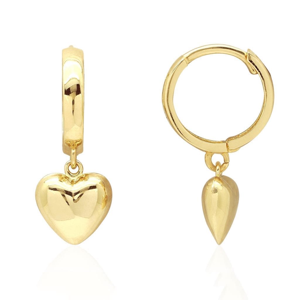 14k Yellow Gold White Gold Heart Drop Huggie Hoop Earrings 0.83"