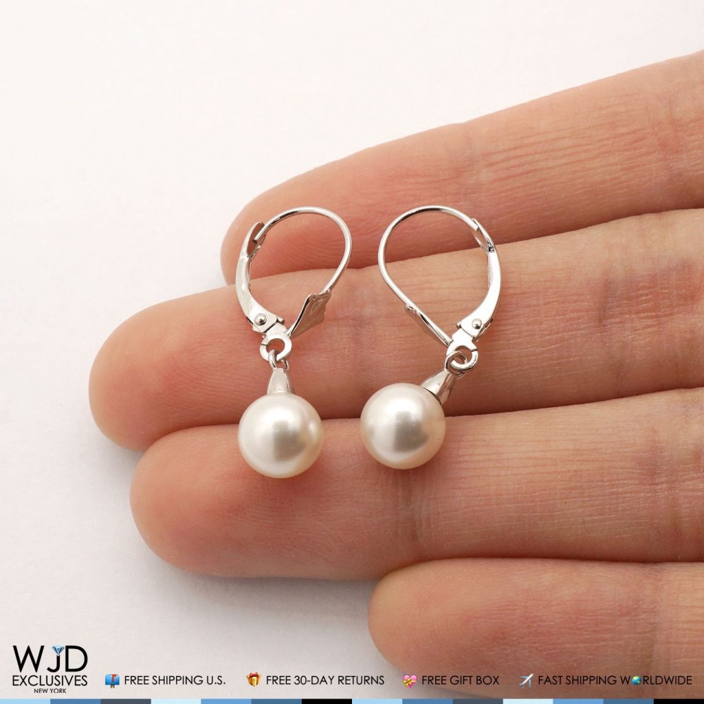 14k Solid White Gold Freshwater Pearl Dangle Leverback Earrings 7mm